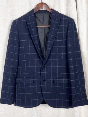 Selected Homme Shdoneblair Blazer blue windowpane plaid slim suit jacket US40R